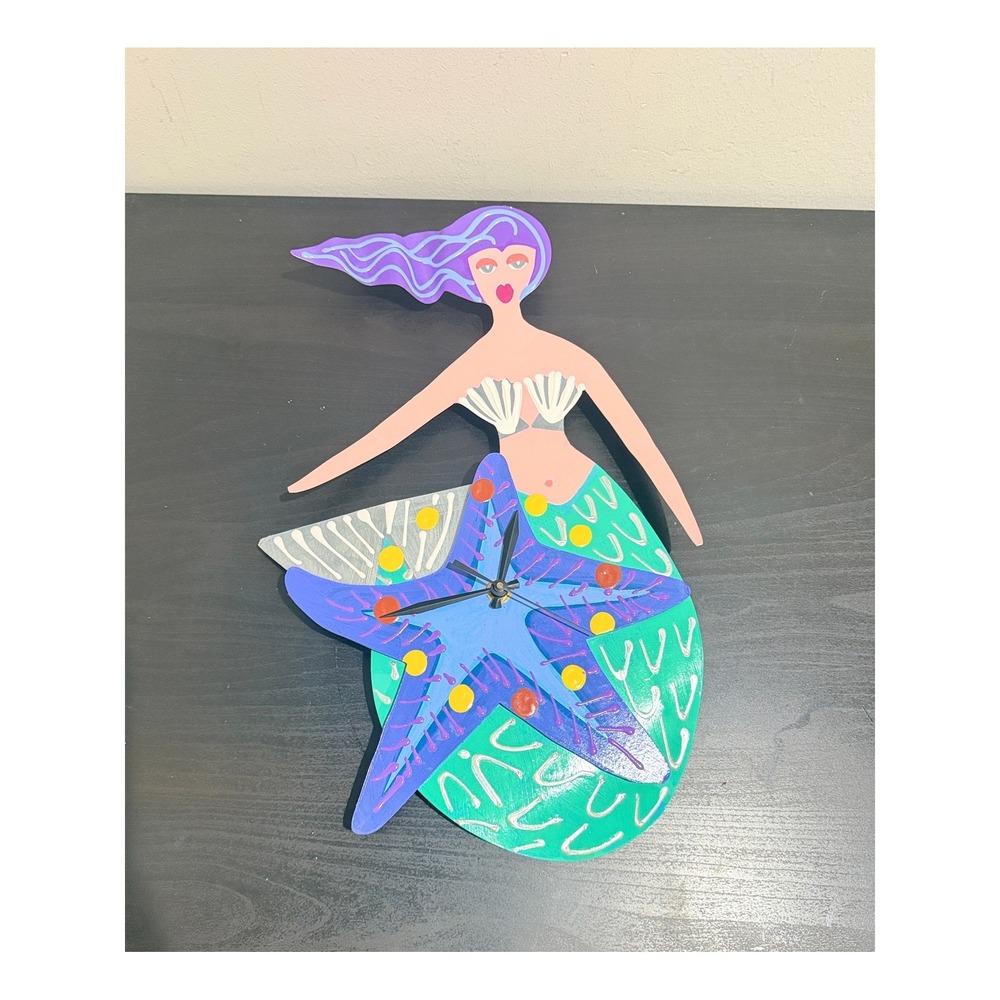 VTG 1998 RAG ART Whimsical Mermaid Star Wall Clock Rebecca Adler Greenwell WORKS